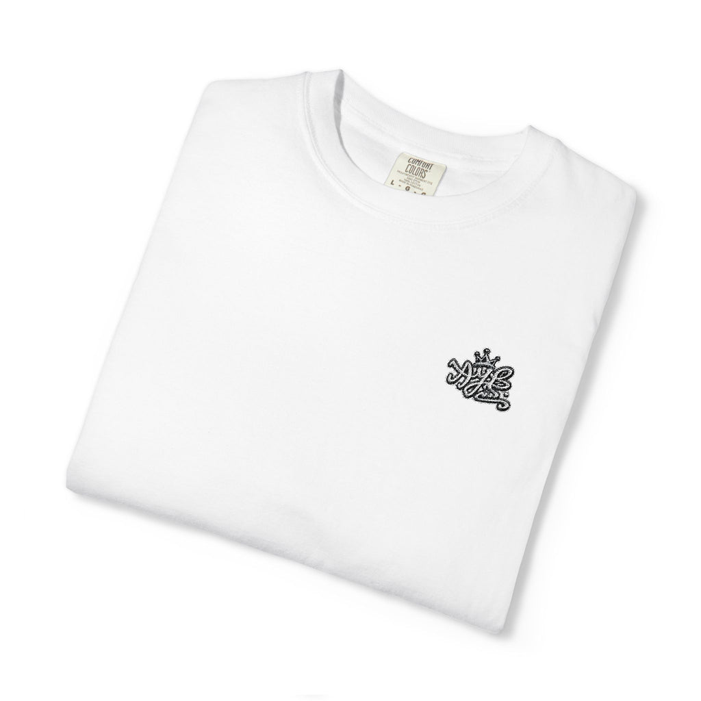 White Graphic T-Shirt — Minimal Skull Chest & Sleeve Tattoo Design