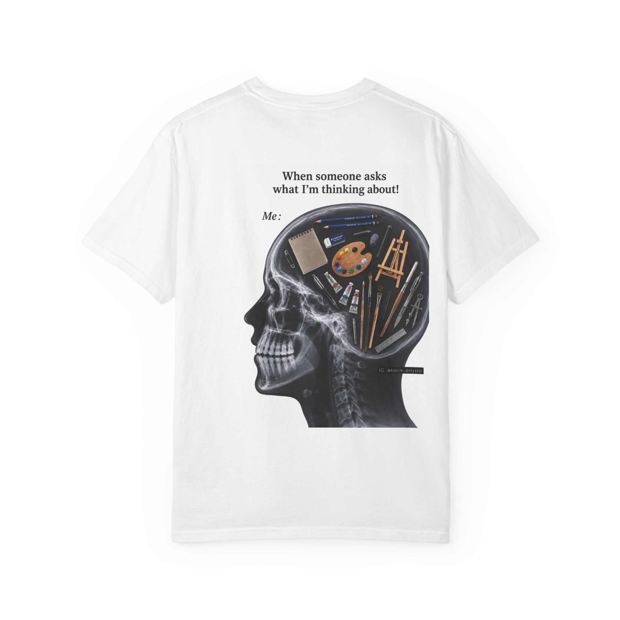 Art Lover T-Shirt — Blue Sketch Horse & 'When Someone Asks What I'm Thinking About' Skull Art Tee