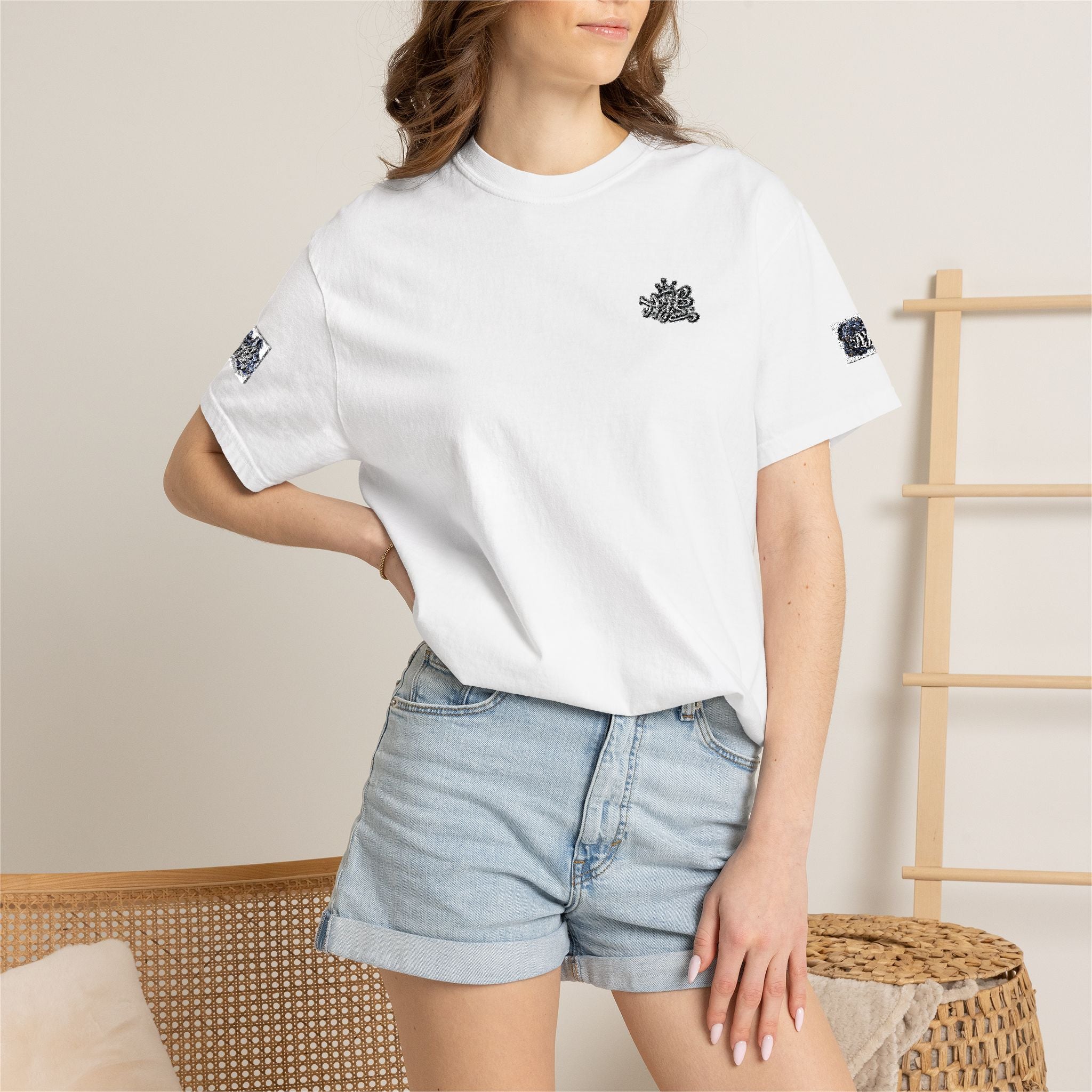 White Graphic T-Shirt — Minimal Skull Chest & Sleeve Tattoo Design