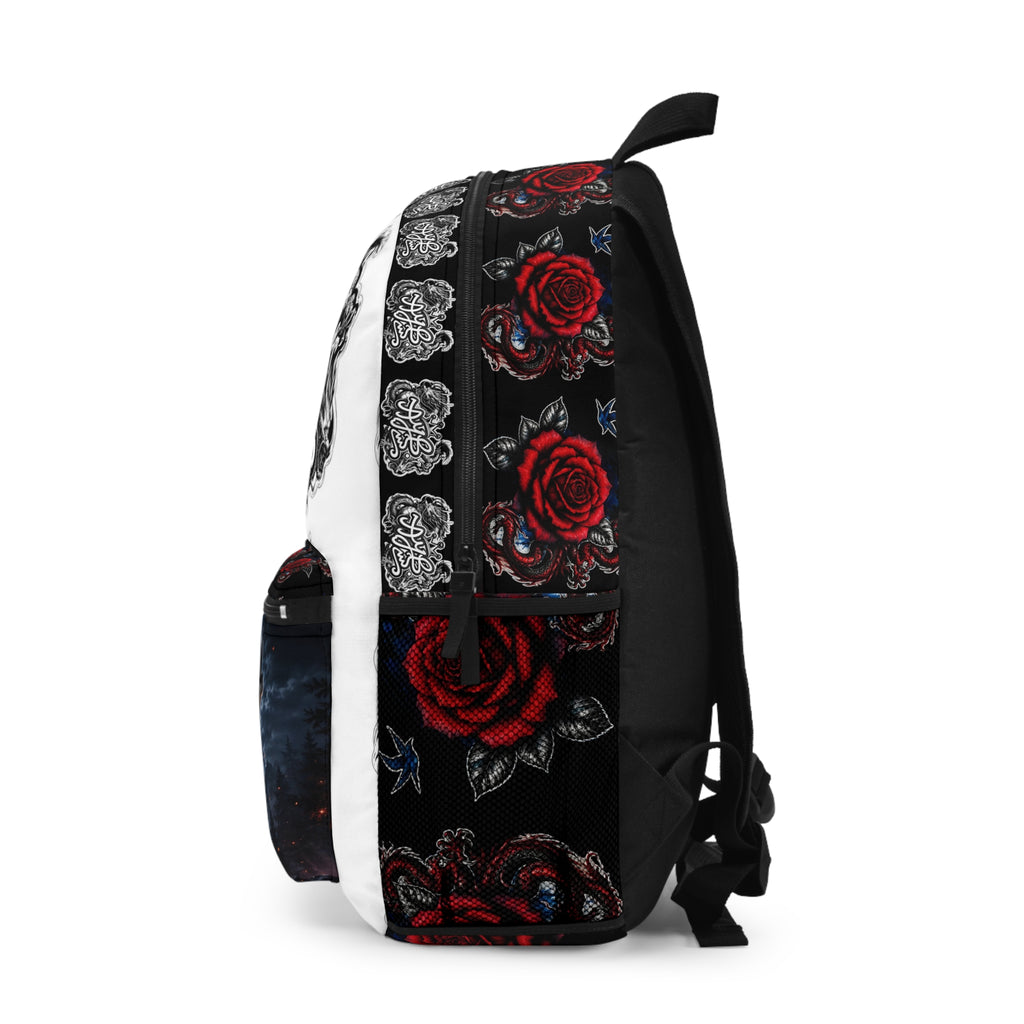 Wolf Moon Backpack — Gothic Rose Night Sky Backpack with Tribal Dragon Graffiti