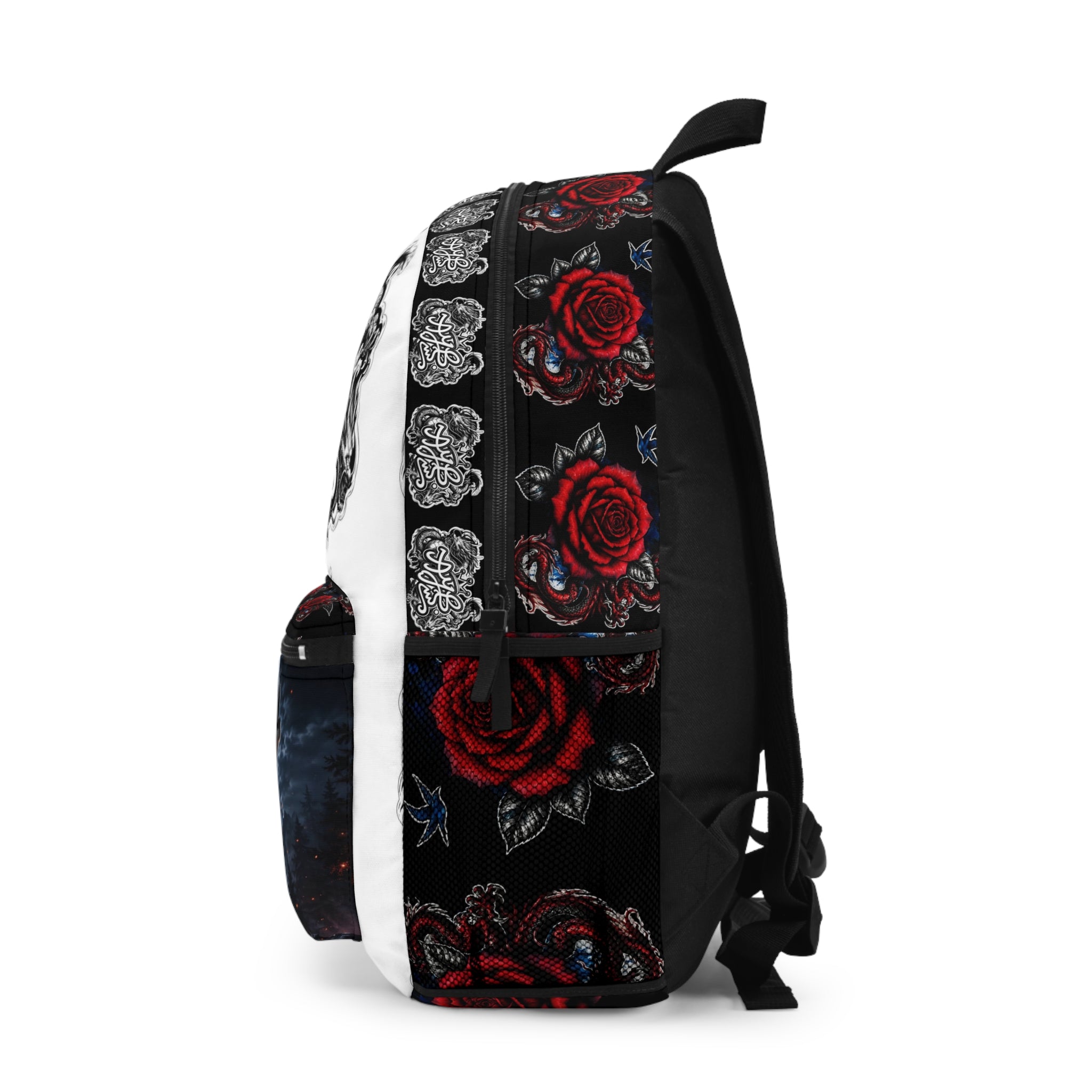 Wolf Moon Backpack — Gothic Rose Night Sky Backpack with Tribal Dragon Graffiti