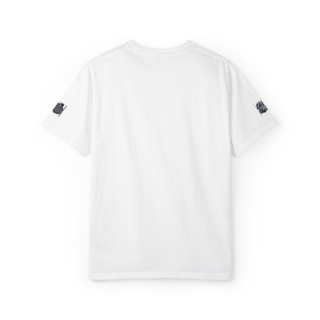 White Graphic T-Shirt — Minimal Skull Chest & Sleeve Tattoo Design