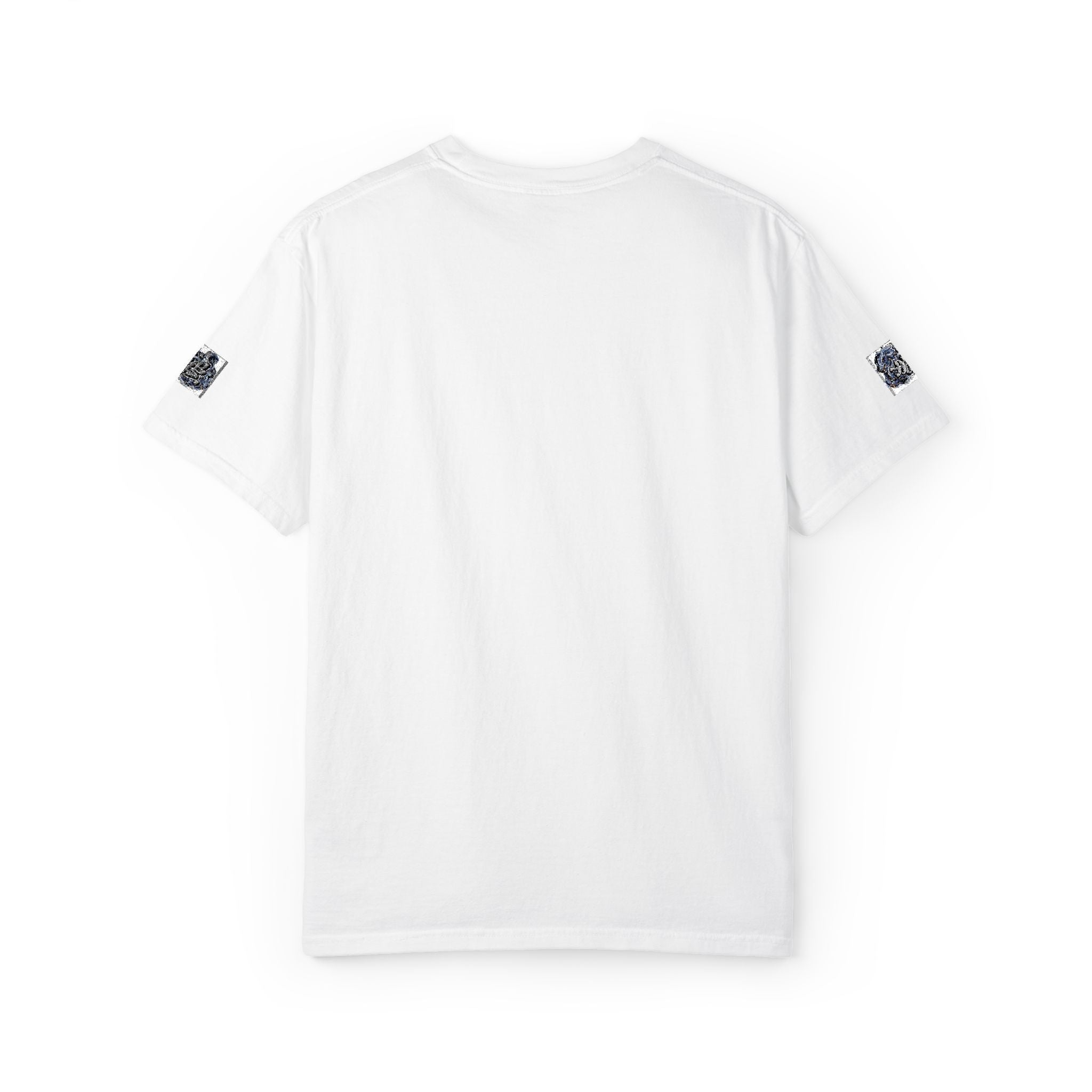 White Graphic T-Shirt — Minimal Skull Chest & Sleeve Tattoo Design