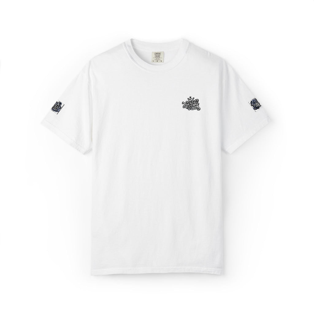 White Graphic T-Shirt — Minimal Skull Chest & Sleeve Tattoo Design