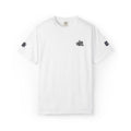 White Graphic T-Shirt — Minimal Skull Chest & Sleeve Tattoo Design
