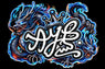 A stylized graphic design featuring two blue dragons with glowing eyes and fiery blue, orange, and white highlights, surrounding bold white calligraphy with black outlines and a small gold crown at the top, all on a plain white background.